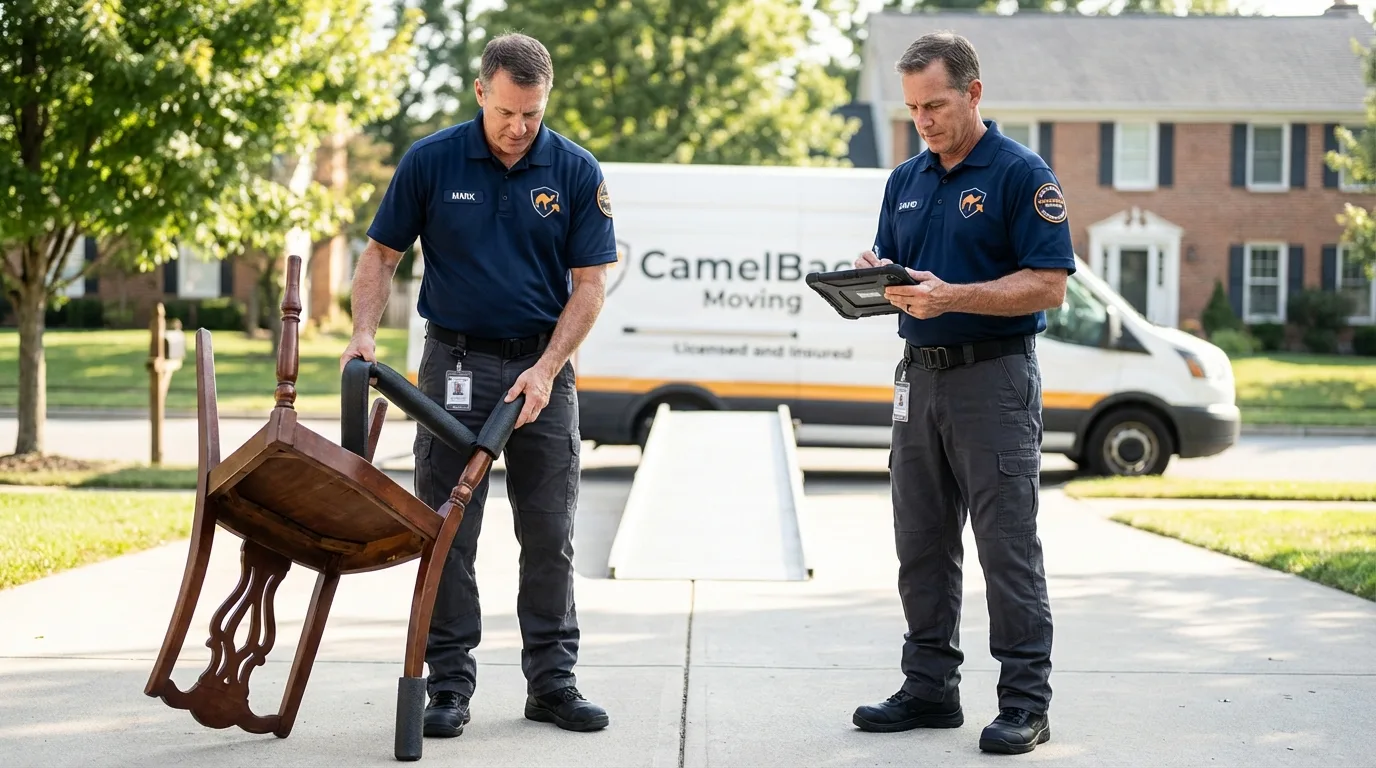 Movers inspecting furniture for damage prevention before loading in Floral City, FL