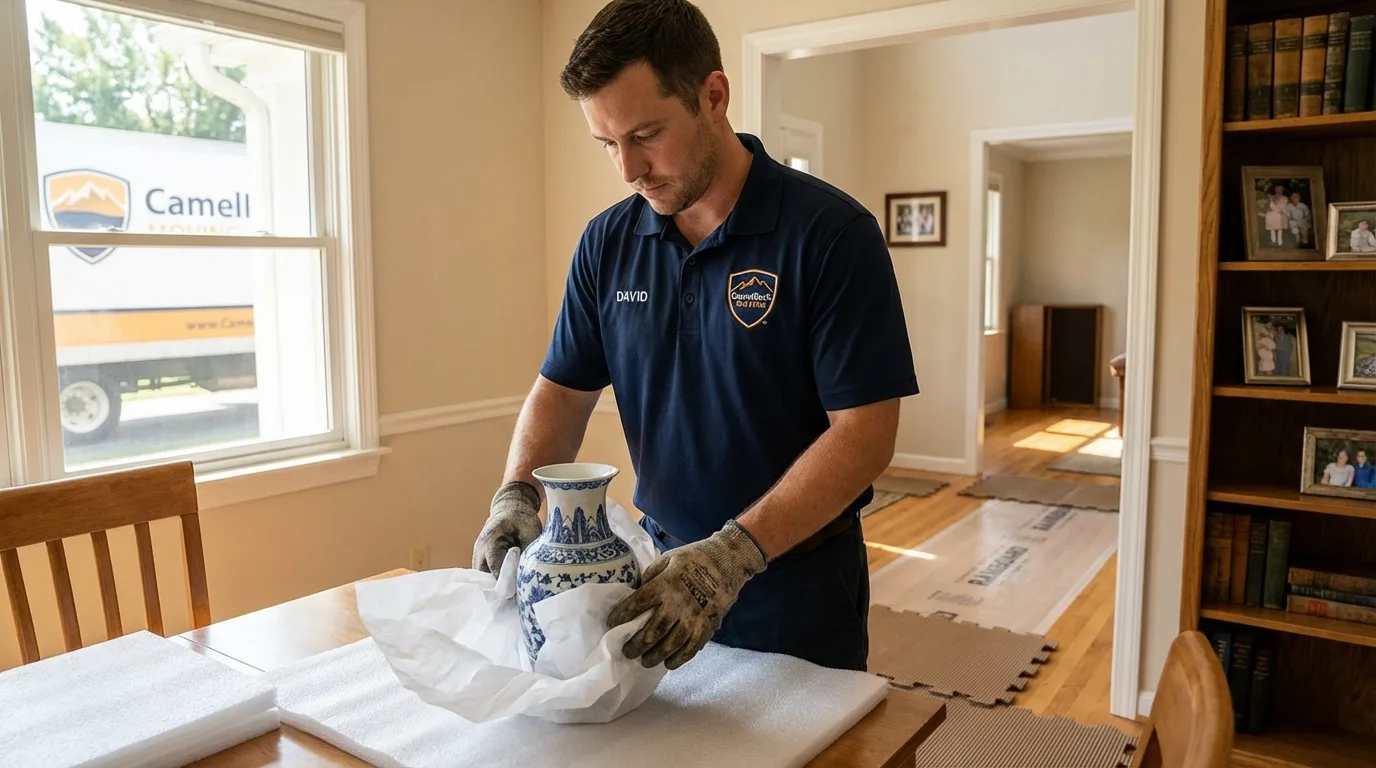Professional crew carefully wrapping antique vase for senior downsizing move in Floral City, FL